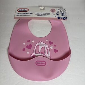 LITTLE TIKES Pink Silicone‎ BABY BIB Deep Pocket & Adjust. Food Grade NEW